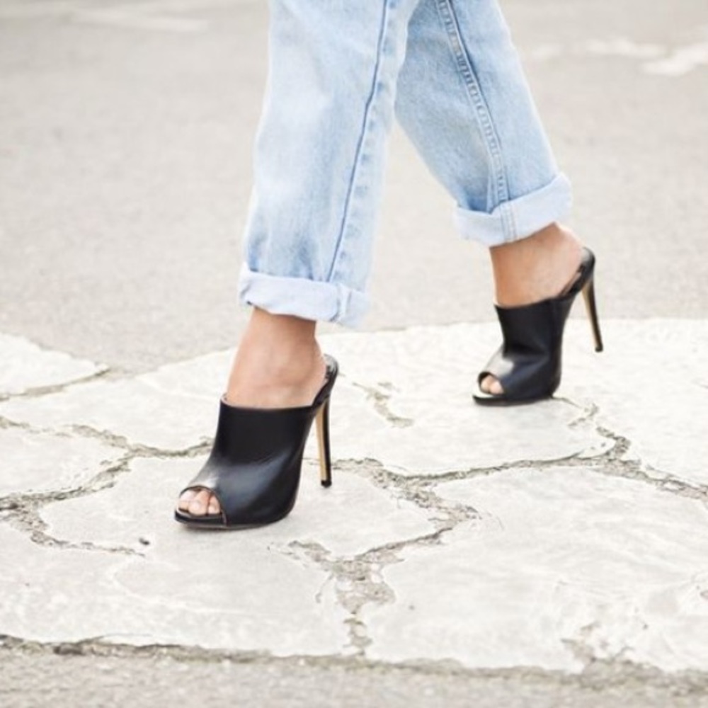 Mules by CK Black heels. Peep toe easy, wear comfy. NWOT. Mint condition